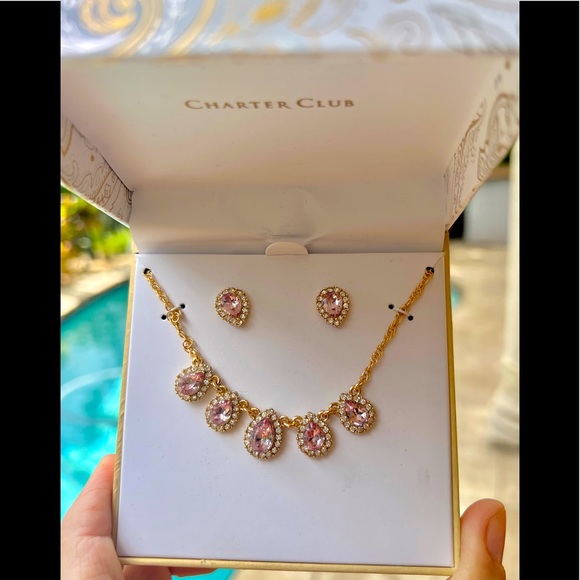 CHARTER CLUB Tear-shape Pink Halo Statement Necklace & Drop Earrings Set-Gold - Picture 5 of 8